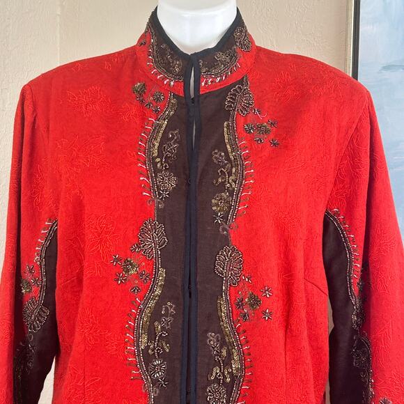 CHICO'S Beaded EMBROIDERED JACKET SZ 3
Red/Orange fully lined cotton - Picture 3 of 8